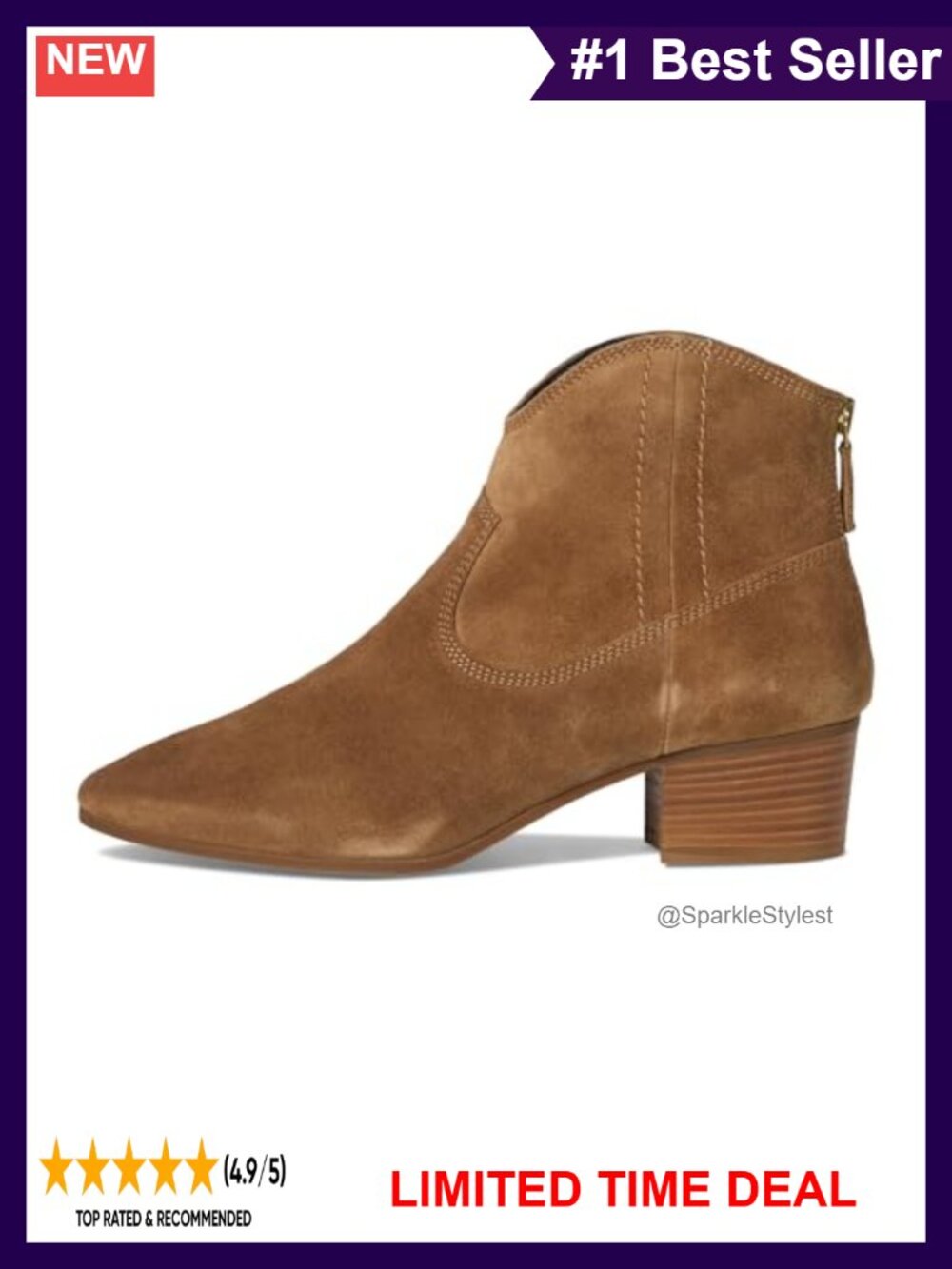 Italian Suede Ankle Bootie Back Zip Block Heel Western Boot